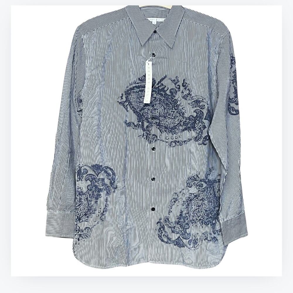 Perry Ellis long sleeve button up shirt party koi fish blue white stripe size S